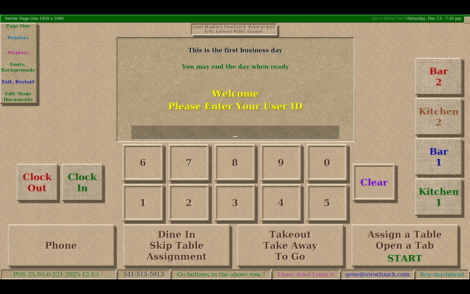 ViewTouch POS System - Server Page